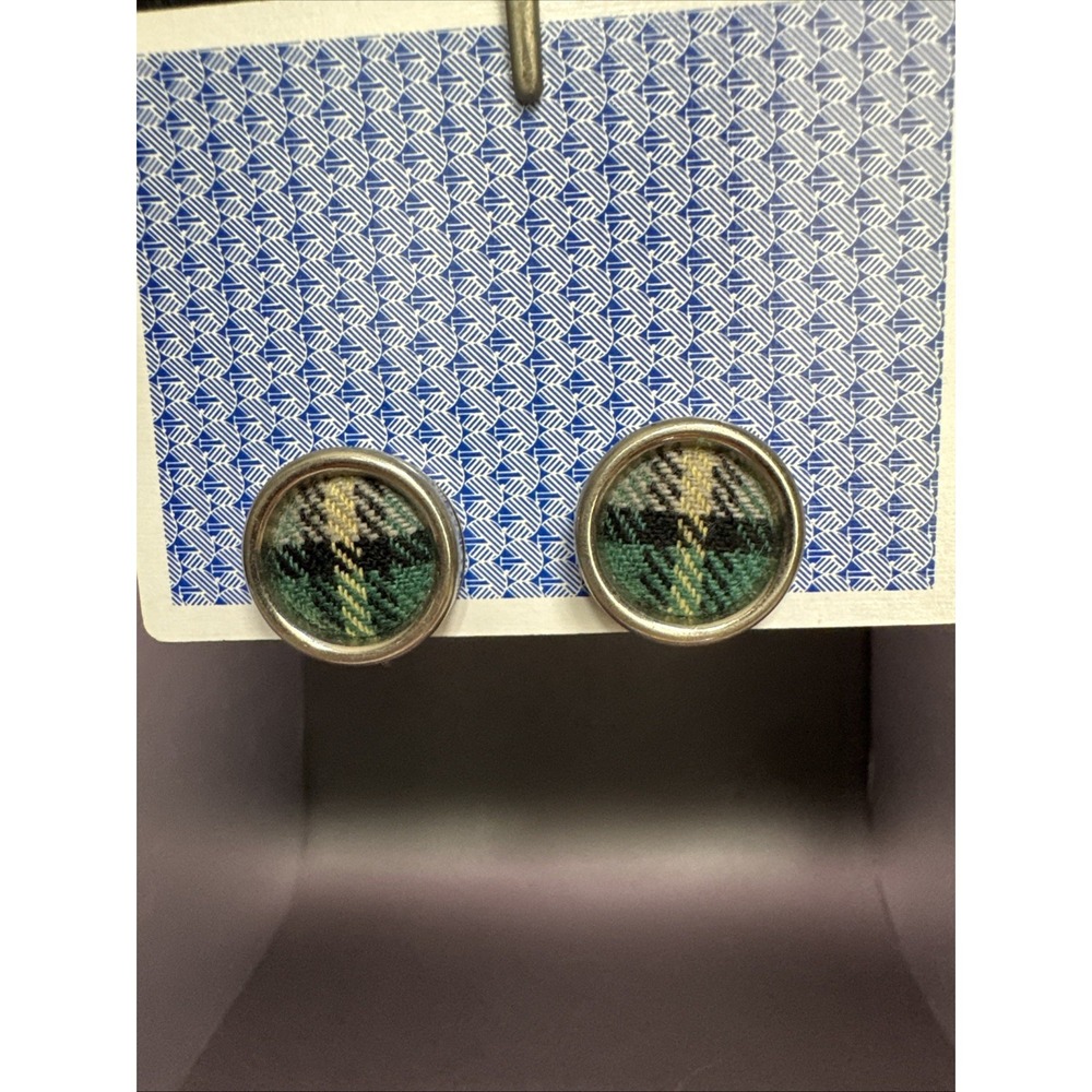 Vintage Round Green Plaid Screw Back Earrings‎